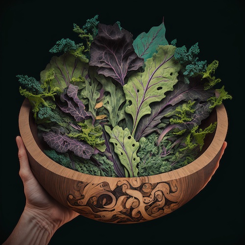 Large wooden bowl filled with healthy fresh garden salad greens