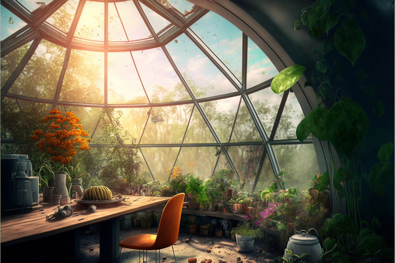 Geodesic atrium dome with healthy garden and beautiful warm light. 