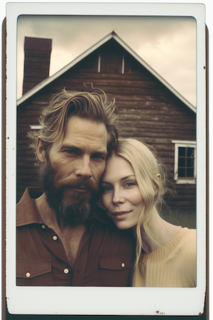 Couple in front of farm house in polaroid style photo